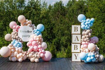 Gender party decorations background. Babyshower celebrations. Happy day for parents