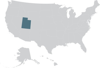 Blue Map of US federal state of Utah within gray map of United States of America