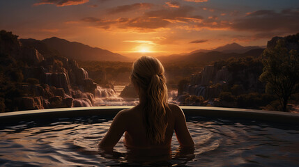 a woman in a luxury pool overlooking a scenic landscape at sunset