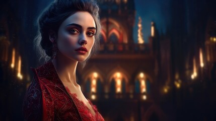 Fototapeta premium Fantasy Halloween woman portrait. Woman vampire. Created with Generative AI. 