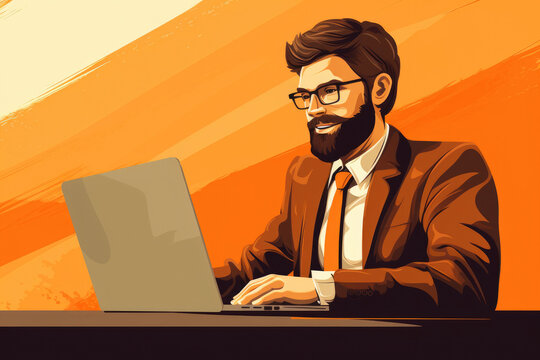 man is depicted who is busy working on his laptop. business activity, technological achievements, and success