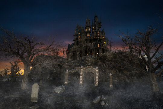 Gothic dark fantasy vampire castle on a misty mountain surrounded by dead trees. 3D illustration.