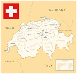 Switzerland - detailed map with administrative divisions and country flag. Vector illustration