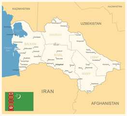 Turkmenistan - detailed map with administrative divisions and country flag. Vector illustration