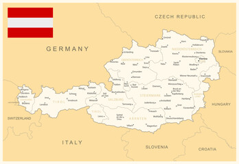 Austria - detailed map with administrative divisions and country flag. Vector illustration