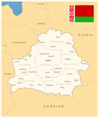 Belarus - detailed map with administrative divisions and country flag. Vector illustration