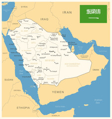 Saudi Arabia - detailed map with administrative divisions and country flag. Vector illustration