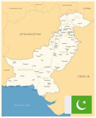 Pakistan - detailed map with administrative divisions and country flag. Vector illustration