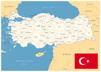 Turkey - detailed map with administrative divisions and country flag. Vector illustration