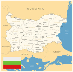 Bulgaria - detailed map with administrative divisions and country flag. Vector illustration