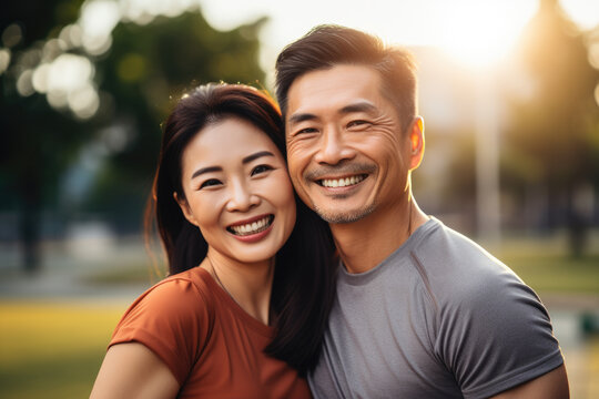 loving couple consisting of a Asian woman and an man, standing side by side in a studio against a white background. They are hugging, and their smiles express their love, joy, and happiness.