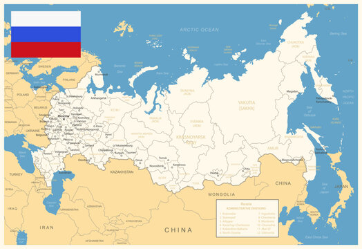 Russia - detailed map with administrative divisions and country flag. Vector illustration