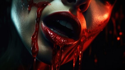 Zombie vampire woman with bloody lips. Created with Generative AI. - obrazy, fototapety, plakaty