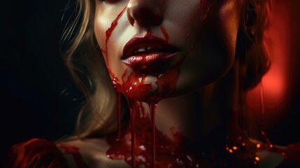 Zombie vampire woman with bloody lips. Created with Generative AI.