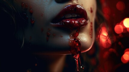 Zombie vampire woman with bloody lips. Created with Generative AI. - obrazy, fototapety, plakaty