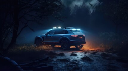 Car suv in forest at night. Created with Generative AI.	