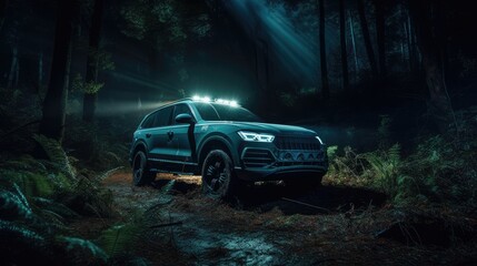 Obraz na płótnie Canvas Car suv in forest at night. Created with Generative AI. 