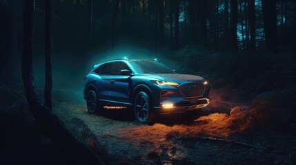 Car suv in forest at night. Created with Generative AI.	