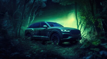 Obraz na płótnie Canvas Car suv in forest at night. Created with Generative AI. 