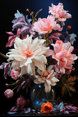A pink, purple and white arrangement of flowers. AI generative