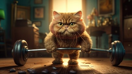 Adorable cat lifting weights. Created with Generative AI.	