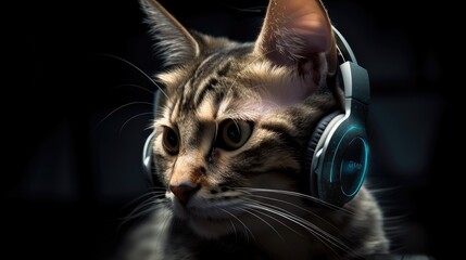 cat with music headphones. Created with Generative AI.