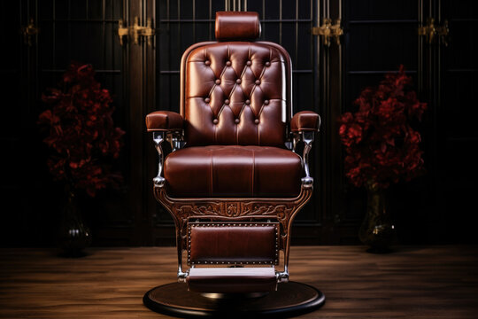 empty retro-style barber shop leather armchair and accessories such as antique razors, metal scissors, and other equipment. The interior of this shop, with classic furniture and accessories