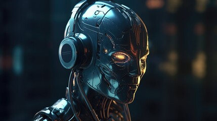 Chatbot web support Robot with headset. Created with Generative AI.