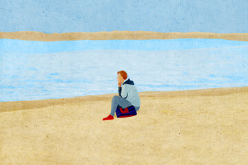Ilustracja sylwetka kobieta w czerwonych butach siedząca samotnie na plaży.