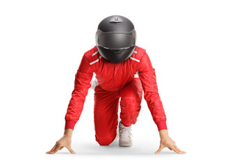 Car racer with a helmet in a start running position