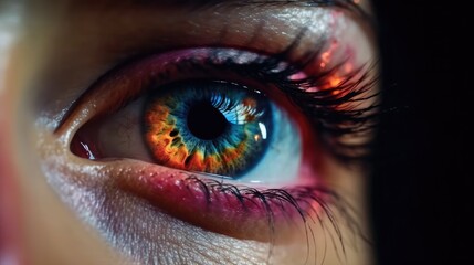 Close up view of colorful female eye. Created with Generative AI.