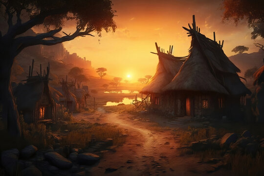 Ancient village at sunset light, illustration generative AI