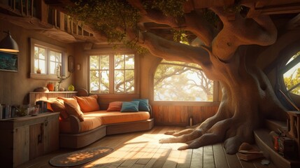 cozy interior inside a tree. Created with Generative AI. - obrazy, fototapety, plakaty
