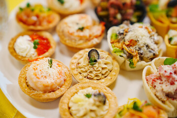 Canapes tartlets with various delicious fillings on a plate.