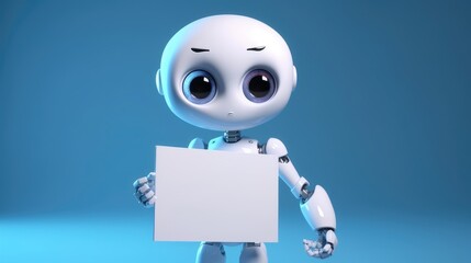 Cute happy robot cartoon holding a blank sign. Created with Generative AI.