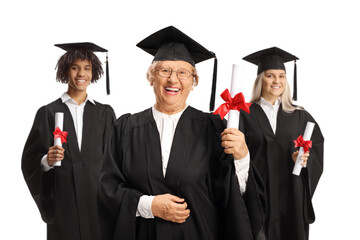 Graduate students and an elderly woman holding certificates and smiling