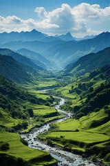 Fototapeta premium Green mountains, blue sky, few white clouds, high precision. AI generative