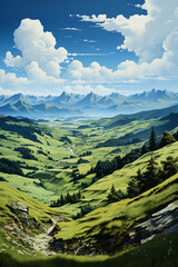 Obraz premium Green mountains, blue sky, few white clouds, high precision. AI generative