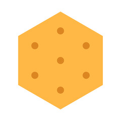 Crispy cheese cracker isolated on white background. Salted crunchy meal hexagon sign or logo flat design. Yellow baked dessert symbol with crumb. Healthy breakfast minimal cookie vector illustration.