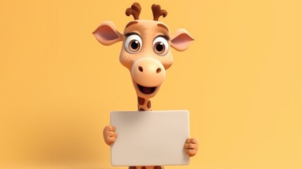 Cute happy giraffe cartoon holding a blank sign. Created with Generative AI.