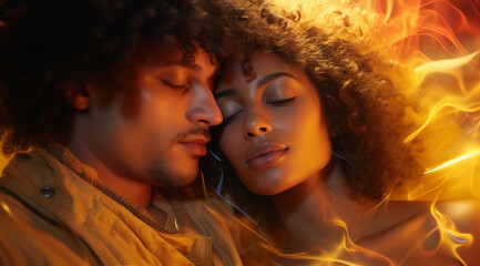 A romantic couple with closed eyes, studio portrait, romance concept between a young man and a young woman. two young adults, relationship between lovers. Love photography. African american people