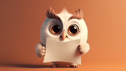 Fototapeta na wymiar Cute happy owl cartoon holding a blank sign. Created with Generative AI.