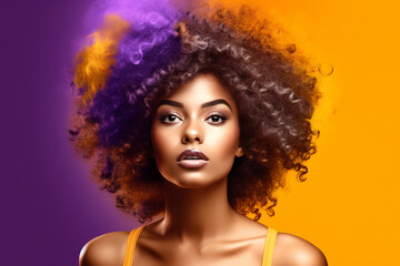 fashion portrait of african american girl, sensual young black woman with curly blue hair. Hairstyle photo for advertising on cosmetic hair products for natural frizzy afro hair. Looking at camera