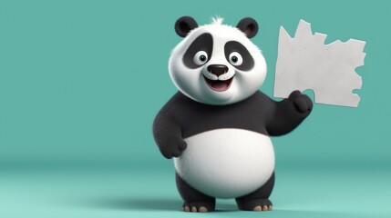 Obraz premium Cute happy cartoon panda holding a blank sign. Created with Generative AI.