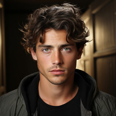 Fototapeta premium headshot of handsome young man. Beautiful young adult male fashion model looking at the camera. Guy portrait with stylish short hair. trendy coiffure. face for advertisement with coiffure of a boy