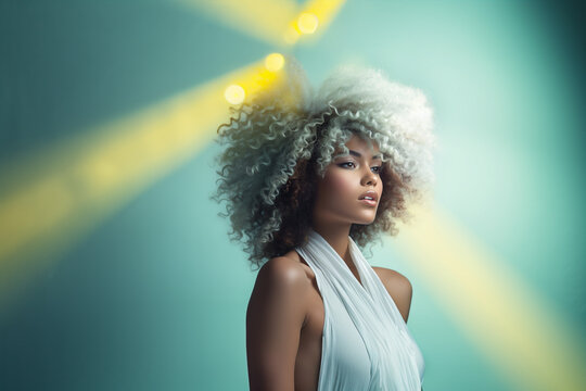 Sensual profile of african american girl, young black woman with curly colorful hair. Hairstyle fashion photo for advertising on cosmetic hair products for natural frizzy afro hair. copy space