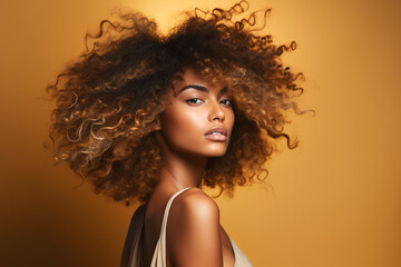 Fototapeta premium fashion portrait of african american girl, young woman with curly hair. Hairstyle studio photo for advertising on cosmetic hair products and conditioner for natural frizzy afro hair. copy space. 