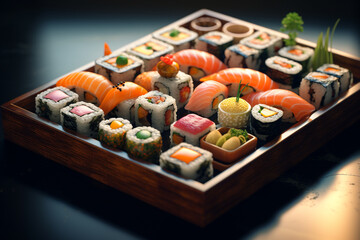 Sushi traditional Japanese dish made with rice, treated with rice vinegar or salt, and various fillings or layers, which are mostlyby seafood, but may include meat, vegetables, seaweed
