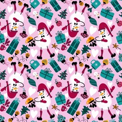 Cartoon Christmas snowman seamless gift box and tea and illumination bulbs and mittens and balls pattern