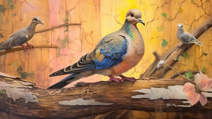 Fototapeta premium Peyhnjno: A Unique Collage Painting Of Four Birds In The Style Of Fintan Magee